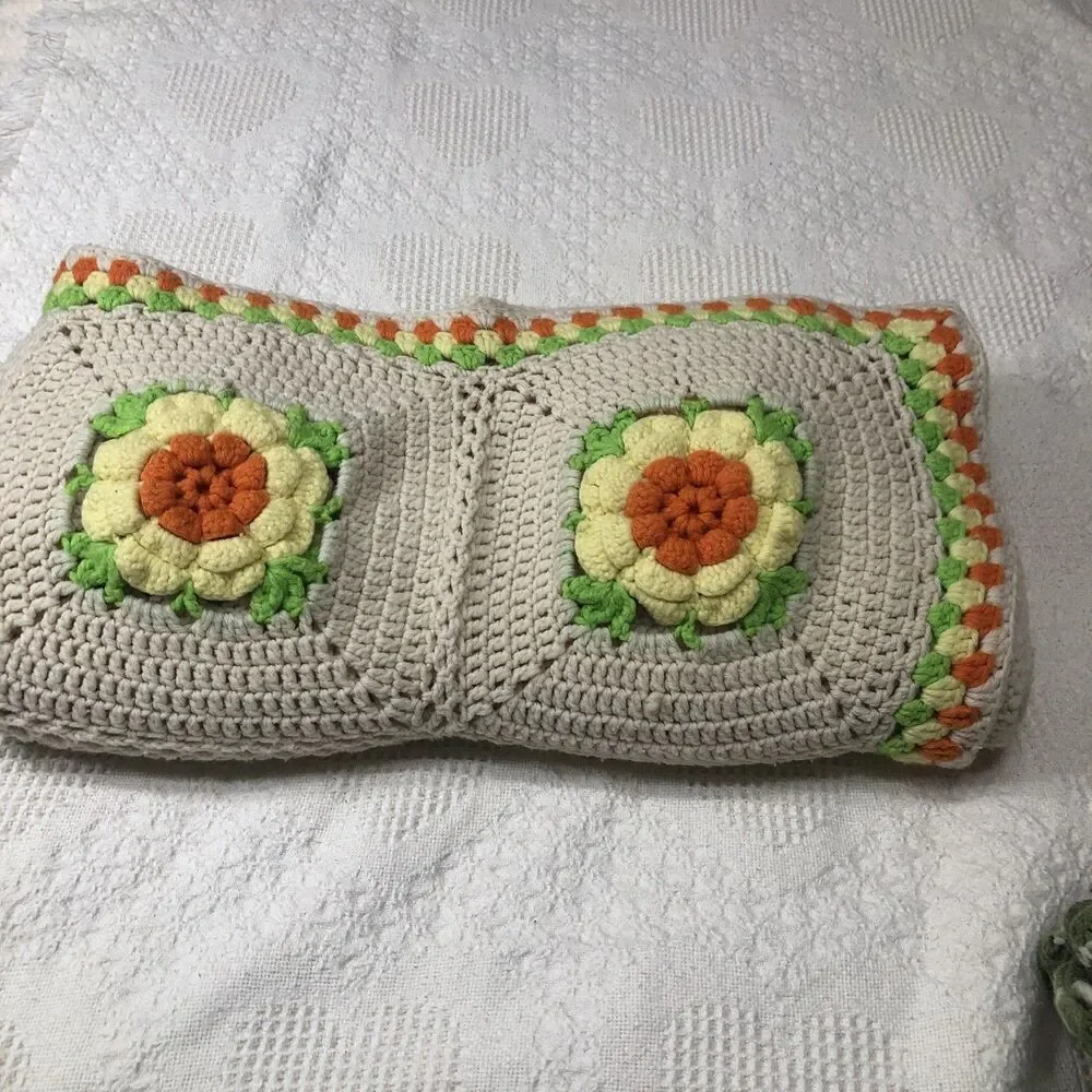 Crochet Afghan Blanket 3D Rose Throw Handmade Granny Square 70s Decor 42” x 68”